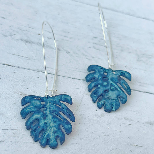 MONSTERA LEAF Earrings - Blue Patina