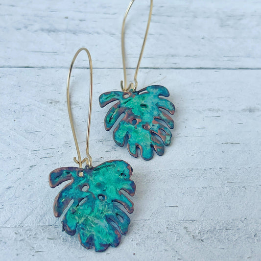 MONSTERA LEAF Earrings - Verdigris Patina